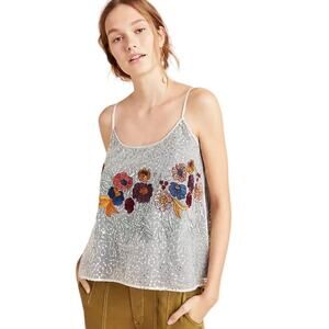 Seen Worn Kept Anthro Silver Floral Sequined Embroidered Cami, size XS